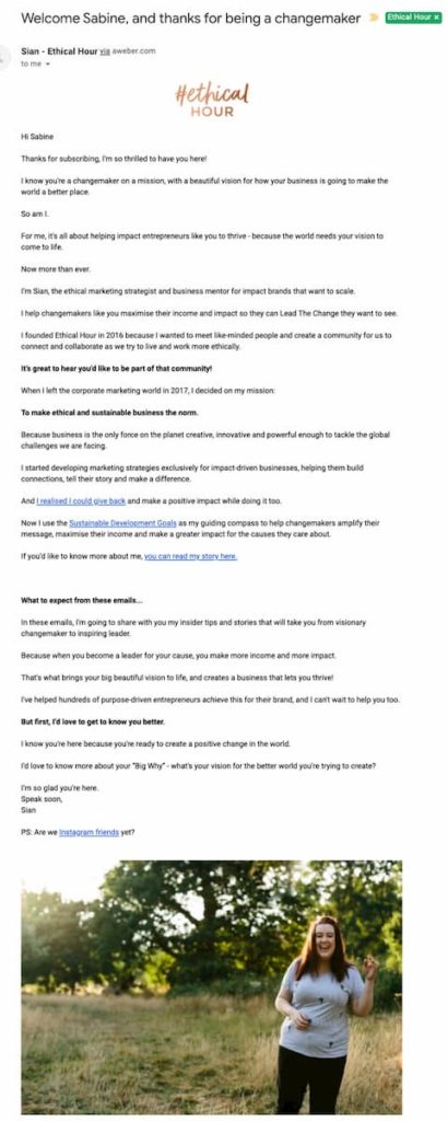 The complete welcome email sent by Ethical Hour to new subscribers. Transcript below.