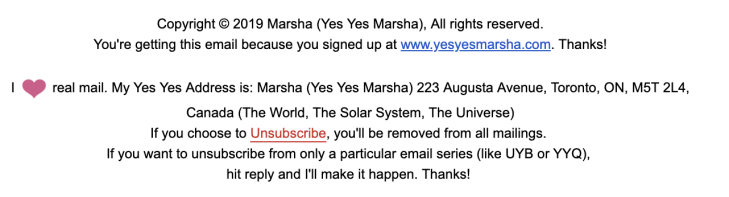 Marsha Shandur's email newsletter end credits. Full transcript below