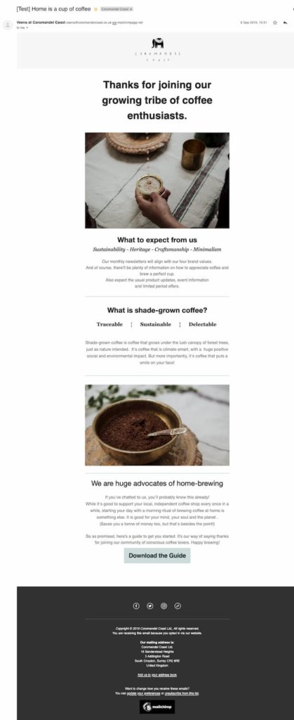 The entire welcome email sent by Coromandel Coast (October 2019). Full transcript below.