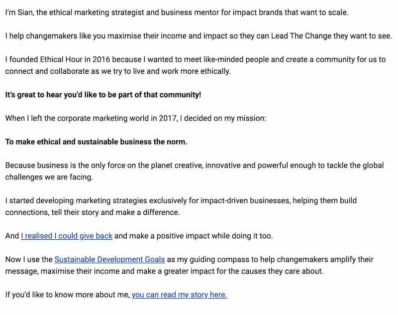 Screenshot of part 2 of the Ethical Hour welcome email. Transcript below.