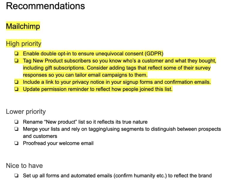 An excerpt from our recommendations, with the highest priority highlighted in yellow.