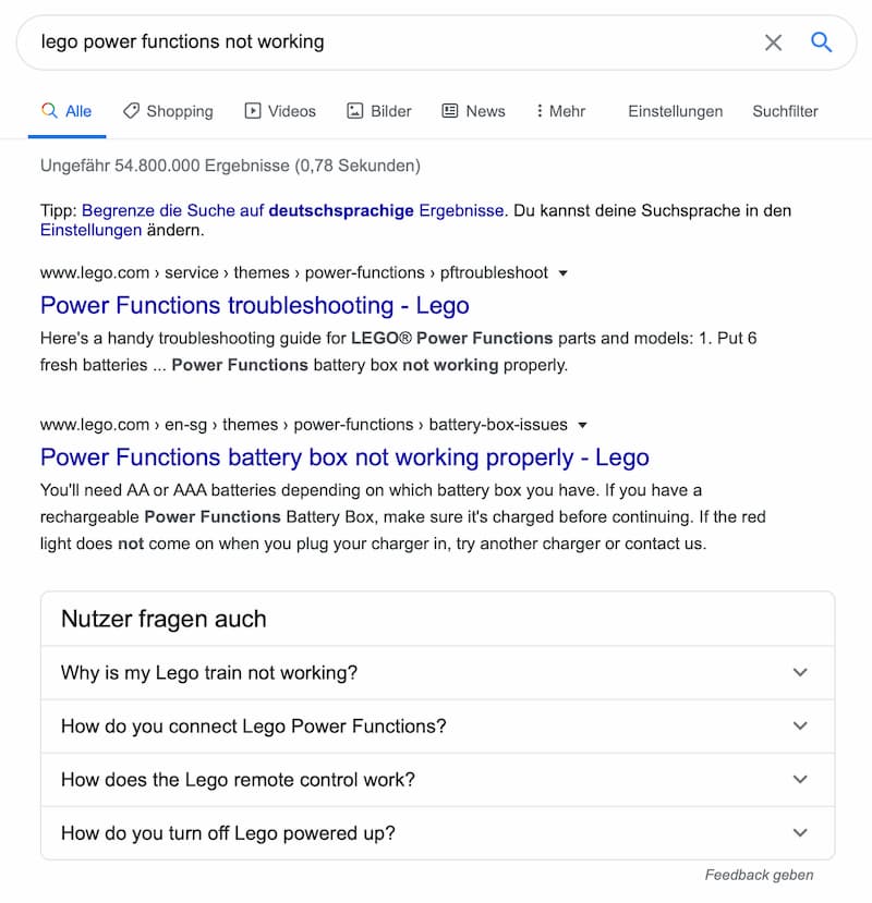 Example search page showing 2 relevant LEGO FAQ articles