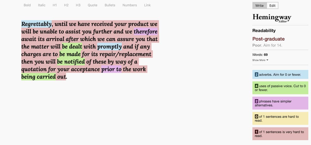 A screenshot showing the Hemingway app