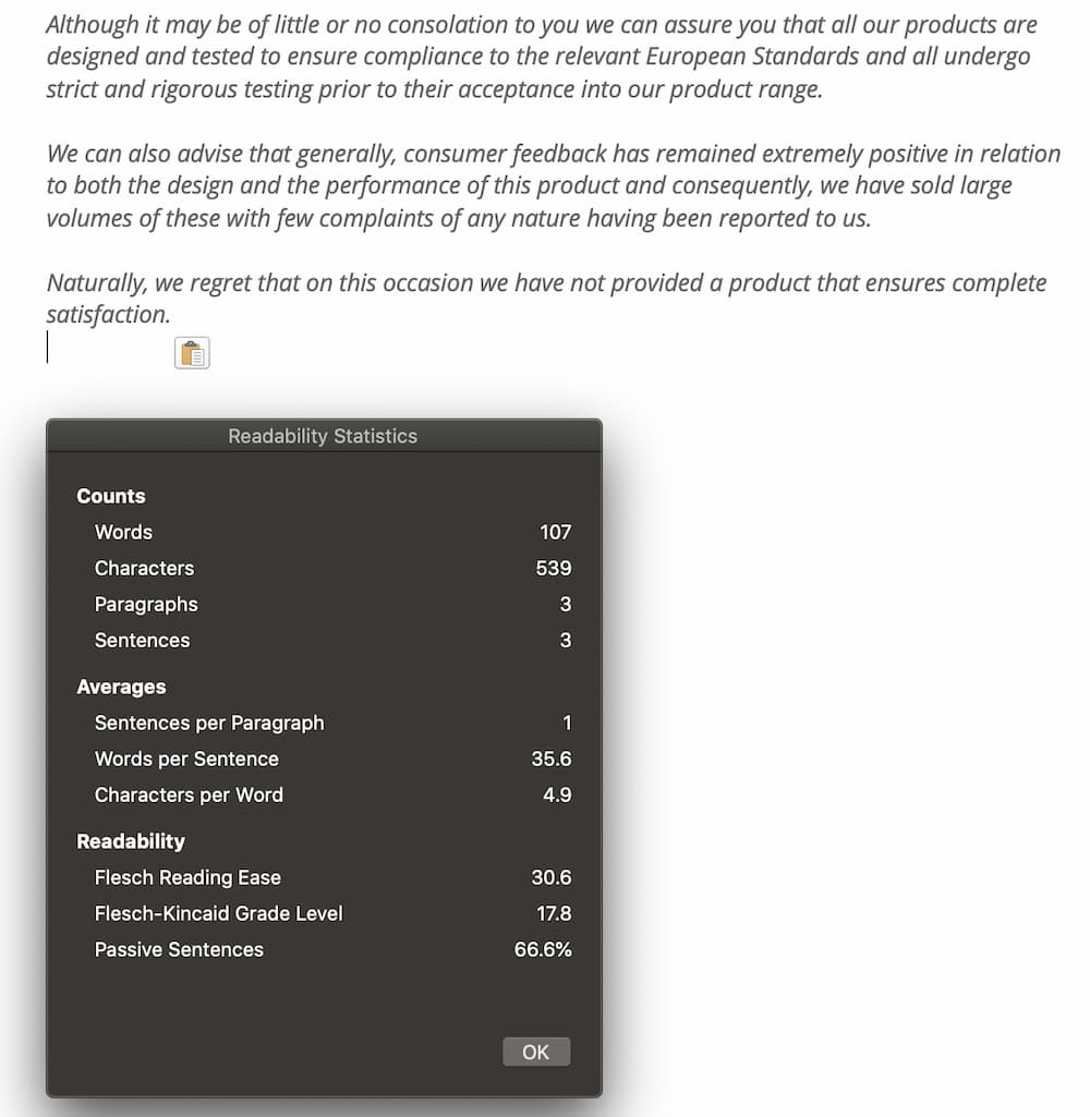 A screenshot showing the readability statistics within Microsoft Word