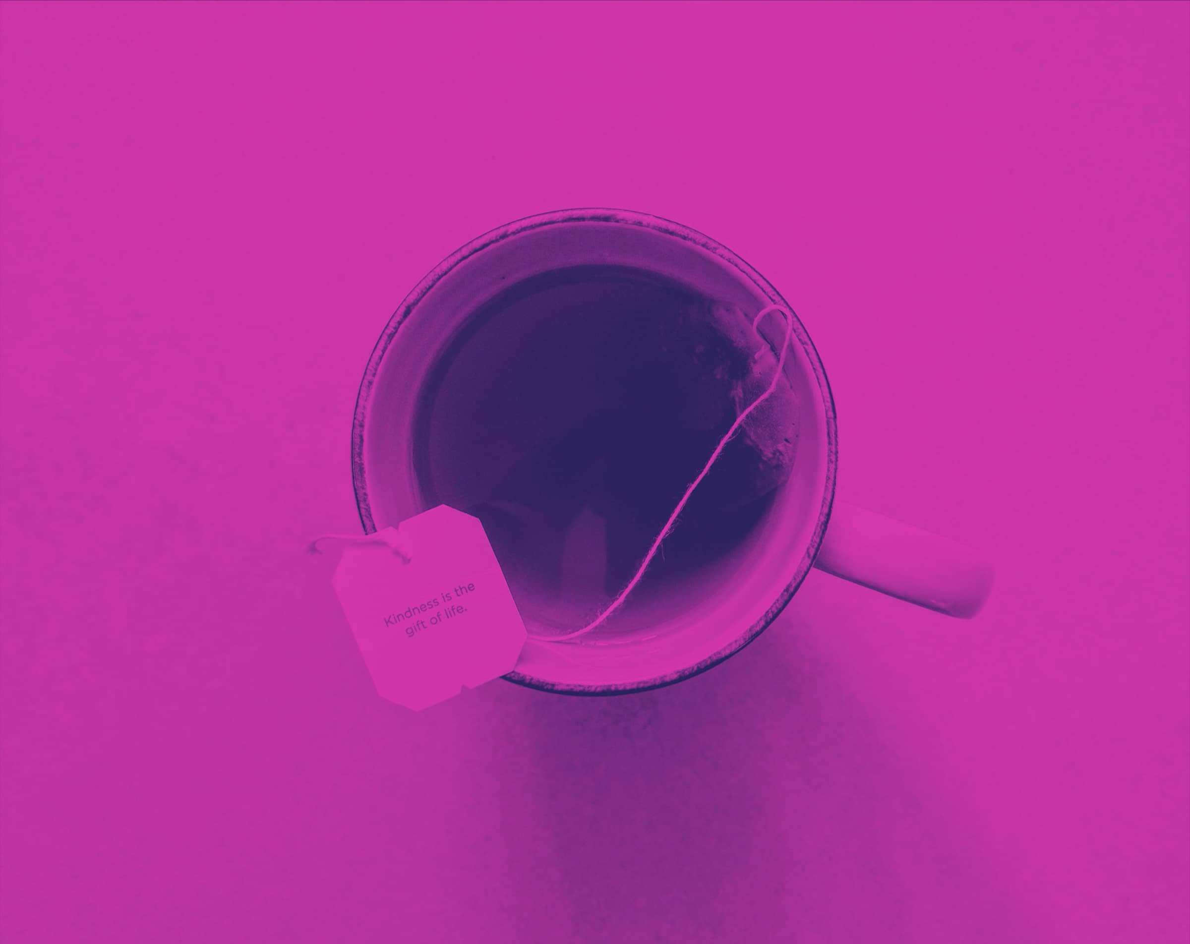 From-Scratch-Communications_Plastic-Teabags-Customer-Care Cup of tea with the tea label reading "kindness is the gift of life"