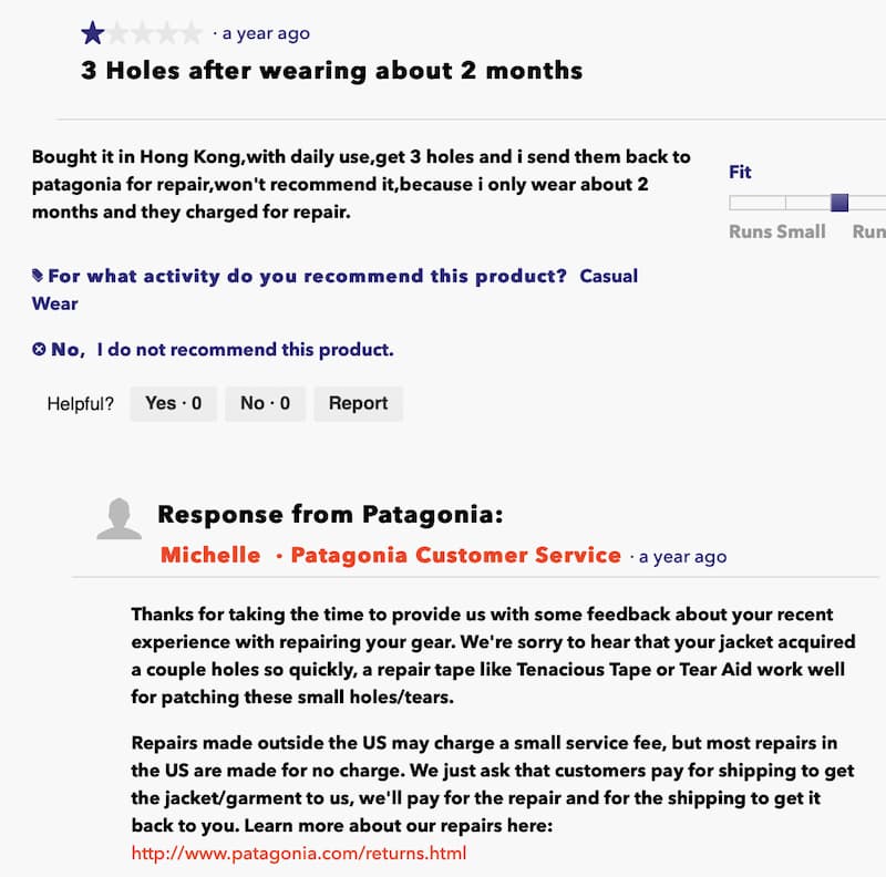 screenshot showing a negative review left for a Patagonia product and a lengthy, detailed response from the Patagonia team.