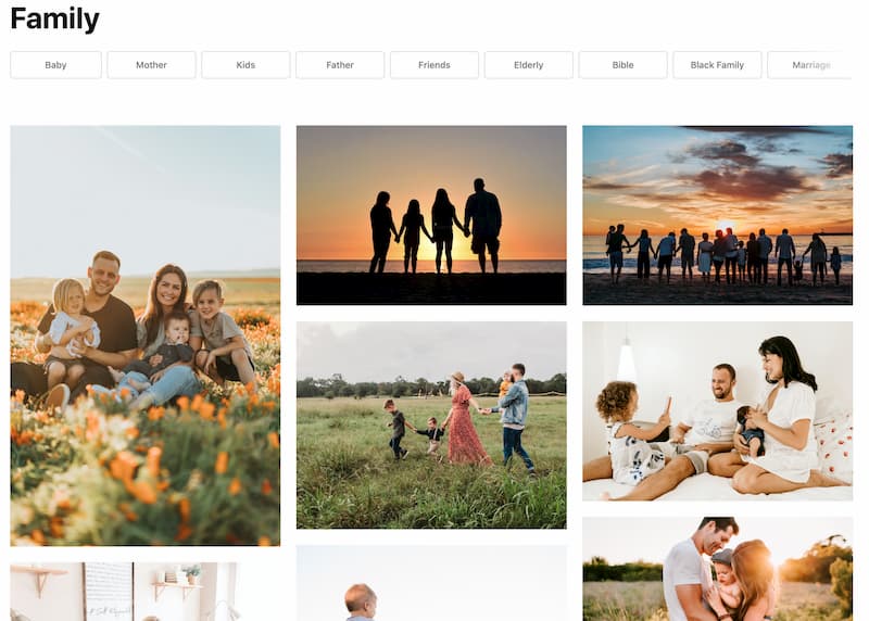 From-Scratch-Communications_Unsplash-heteronormative-Families-Screenshot Screenshot taken in September 2020 showing the first few images that come up when you search for "family" on Unsplash.com. Images show heterosexual couples with children.M