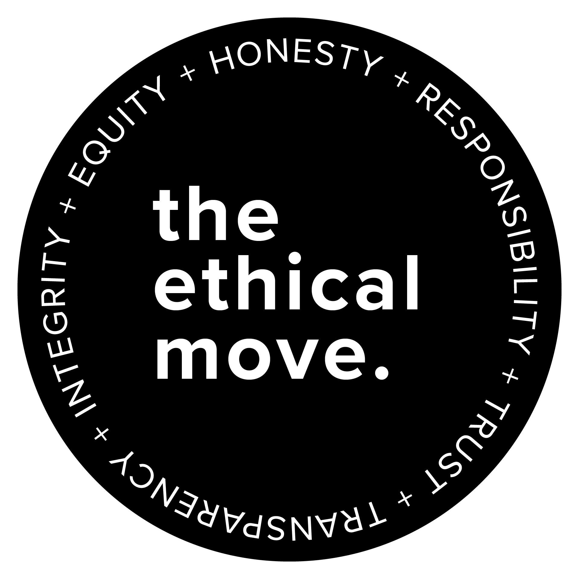 2021_tem_values_onblack The Ethical Move badge showing the logo and values:equity, honesty, responsibility, trust, transparency, integrity