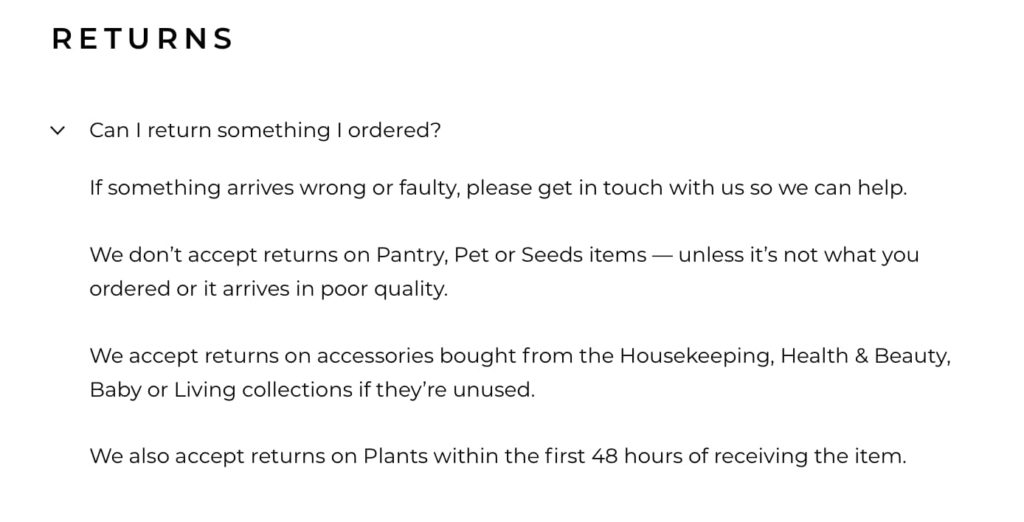 Returns section of Forrist FAQ page written in brand tone of voice