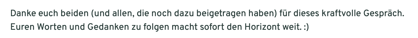 Podcast-Feedback-Reflecta Zitat: Danke euch beiden (und allen, die dazu beigetragen haben) für dieses kraftvolle Gespräch. Euren Worten und Gedanken zu folgen macht sofort den Horizont weit