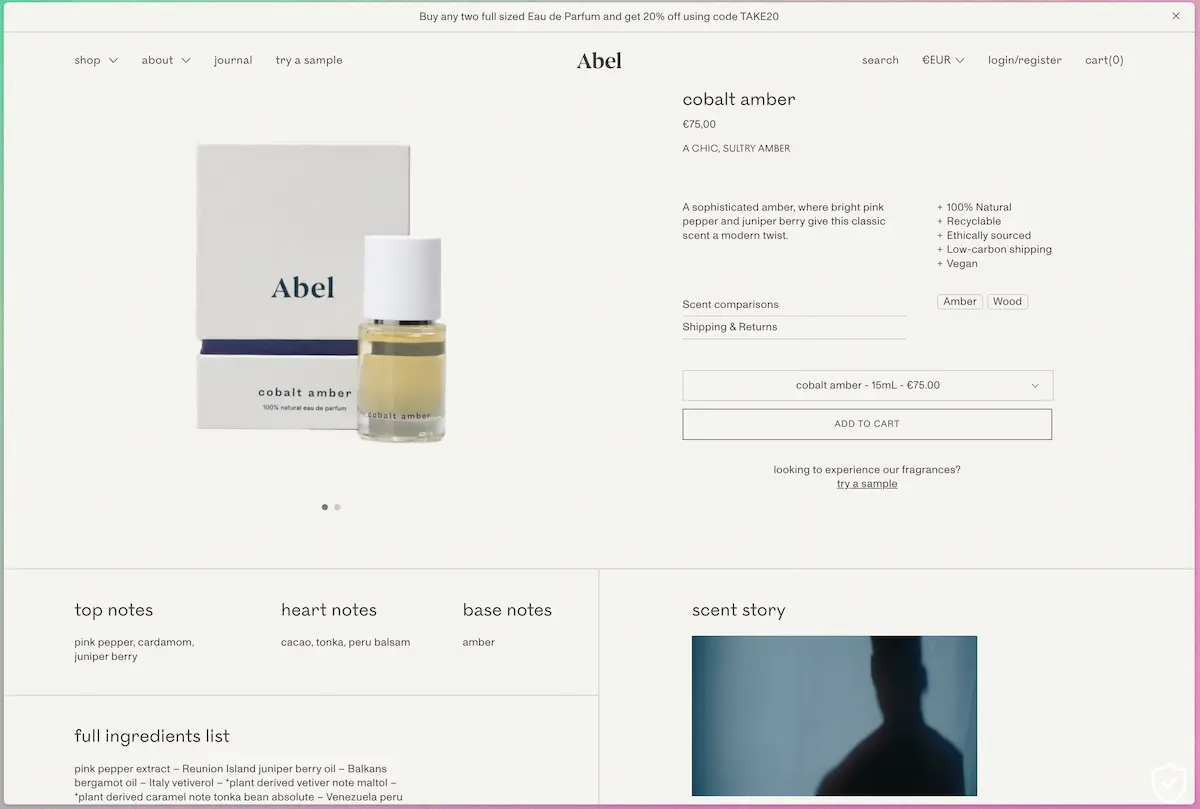 Screenshot of the product page for cobalt amber perfume at Abel. It’s described as “a chic, sultry amber”; “A sophisticated amber, where bright pink pepper and juniper berry give this classic scent a modern twist.” The page lists top, heart and base notes and a full ingredients list.