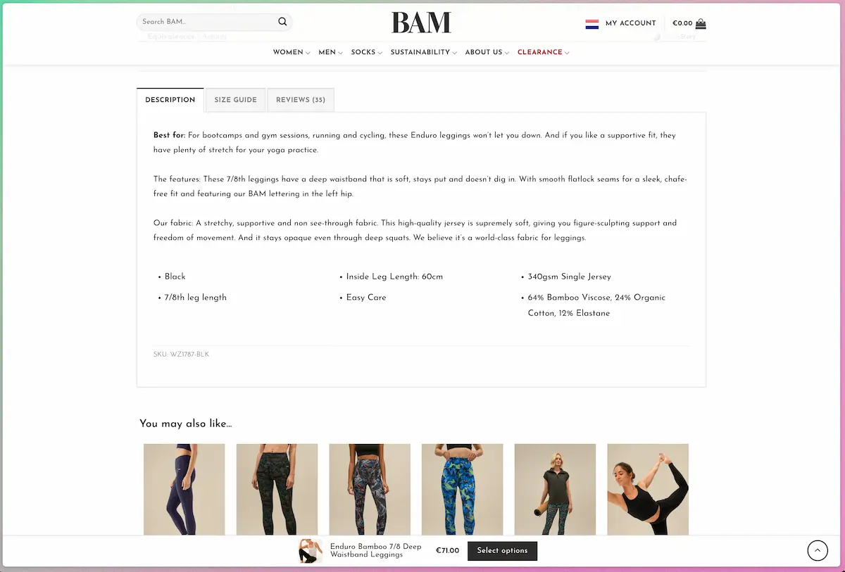 Screenshot of the product details of the Enduro Bamboo ⅞ Deep Waistband Leggings at BAM. There are three horizontal tabs: Description, Size Guide and Reviews.