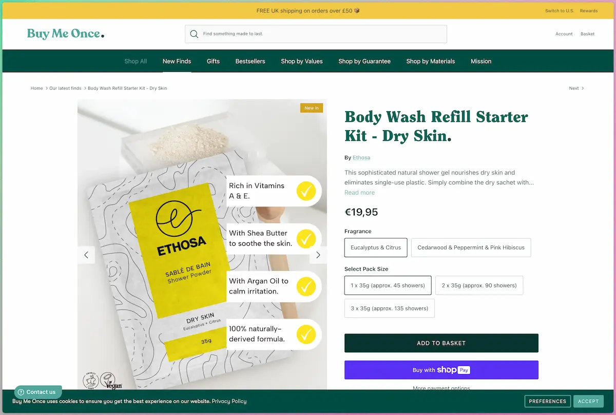 Screenshot of the Body Wash Refill Starter Kit for Dry Skin at Buy Me Once. The page has 3 horizontal bars at the top. The shopping cart is in a different bar than the rest of the menu, and it is spelled out as “basket” with no additional icon.