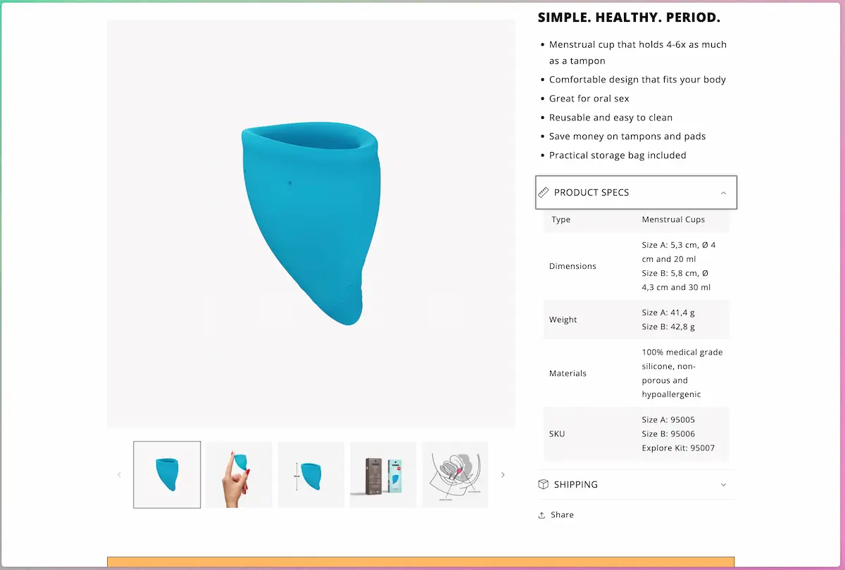 Screenshot of the Fun Cup menstrual cup at Fun Factory. The product description reads: “Simple. Healthy. Period. Menstrual cup that holds 4-6x as much as a tampon. Comfortable design that fits your body. Great for oral sex. Reusable and easy to clean. Save money on tampons and pads. Practical storage bag included.” The product specs cover dimensions, weight and materials.