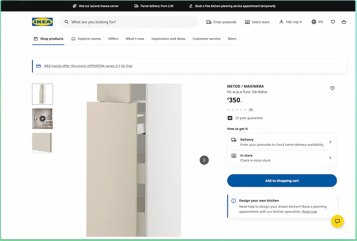 Screenshot of the Method / Maximera high kitchen cupboard at IKEA. There are two product photos but neither shows the interior. Clicking on the thumbnail showing the half-opened cupboard switches to zoom mode instead of opening a larger image in a lightbox.