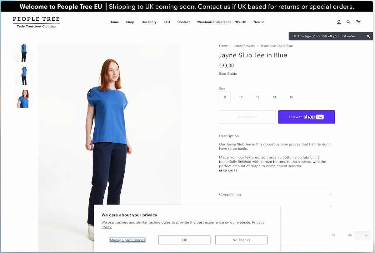 Screenshot of the Jayne Slub Tee in Blue at People Tree EU. The cookie consent tool at the bottom of the image offers three choices: a text link to “manage preferences”, an “Ok” button to accept cookies and a “No Thanks” button to decline cookies. Both buttons are styled the same way.