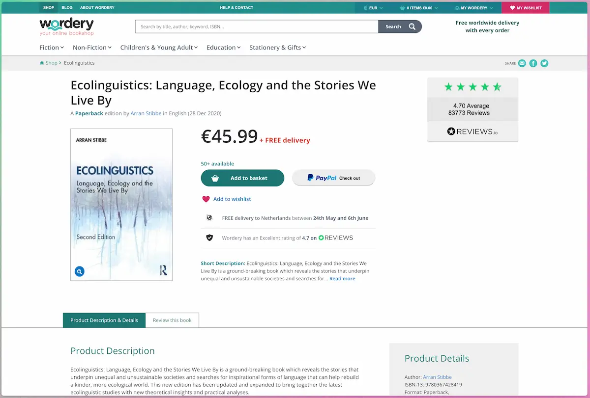 Screenshot of the Wordery product page for the book Ecolinguistics by Arran Stibbe. The rightmost item in the top navigation is My Wishlist, which is also highlighted in pink on a green background. The cart is the third item from the right. Social sharing buttons appear above the book title.