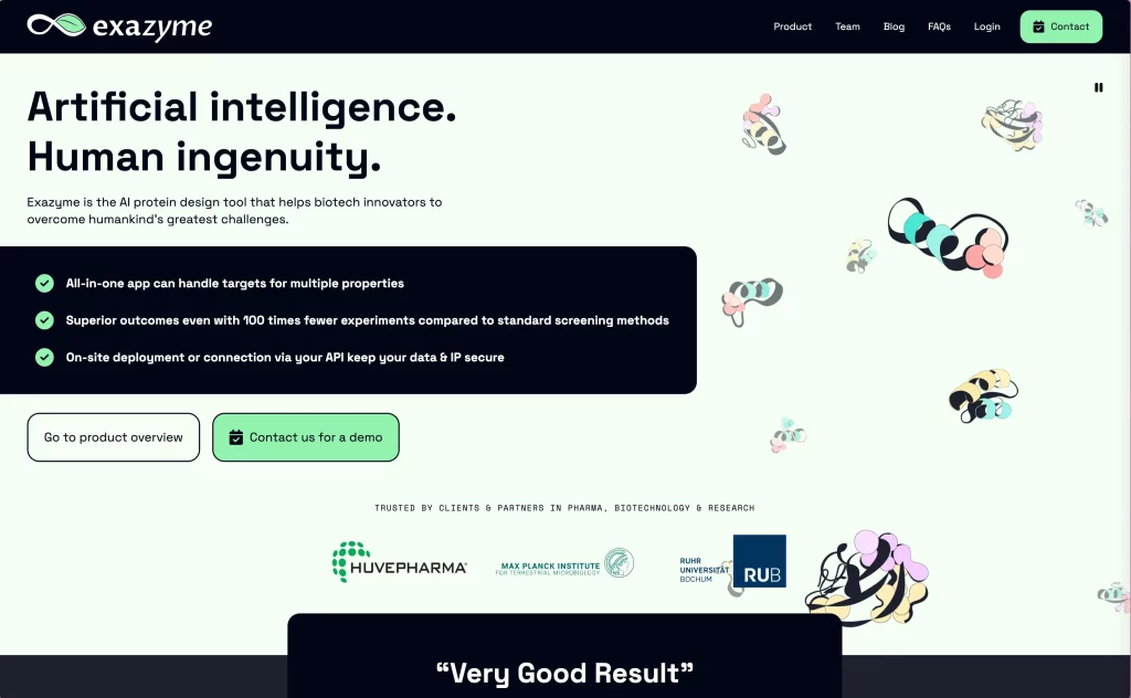 The hero section of Exazyme.com. H1: Artificial intelligence. Human ingenuity. Subheading: Exazyme is the AI protein design tool that helps biotech innovators to overcome humankind’s greatest challenges. 3 bullet points: All-in-one app can handle targets for multiple properties. Superior outcomes even with 100 times fewer experiments compared to standard screening methods. On-site deployment or connection via your API keep your data & IP secure. 2 buttons: Go to product overview, Contact us for a demo. Heading: Trusted by clients & partners in pharma, biotechnology & research. Customer and partner logos: Huvepharma, Max Planck Institute for terrestrial microbiology, Ruhr Universität Bochum. Headline: "Very Good Result”