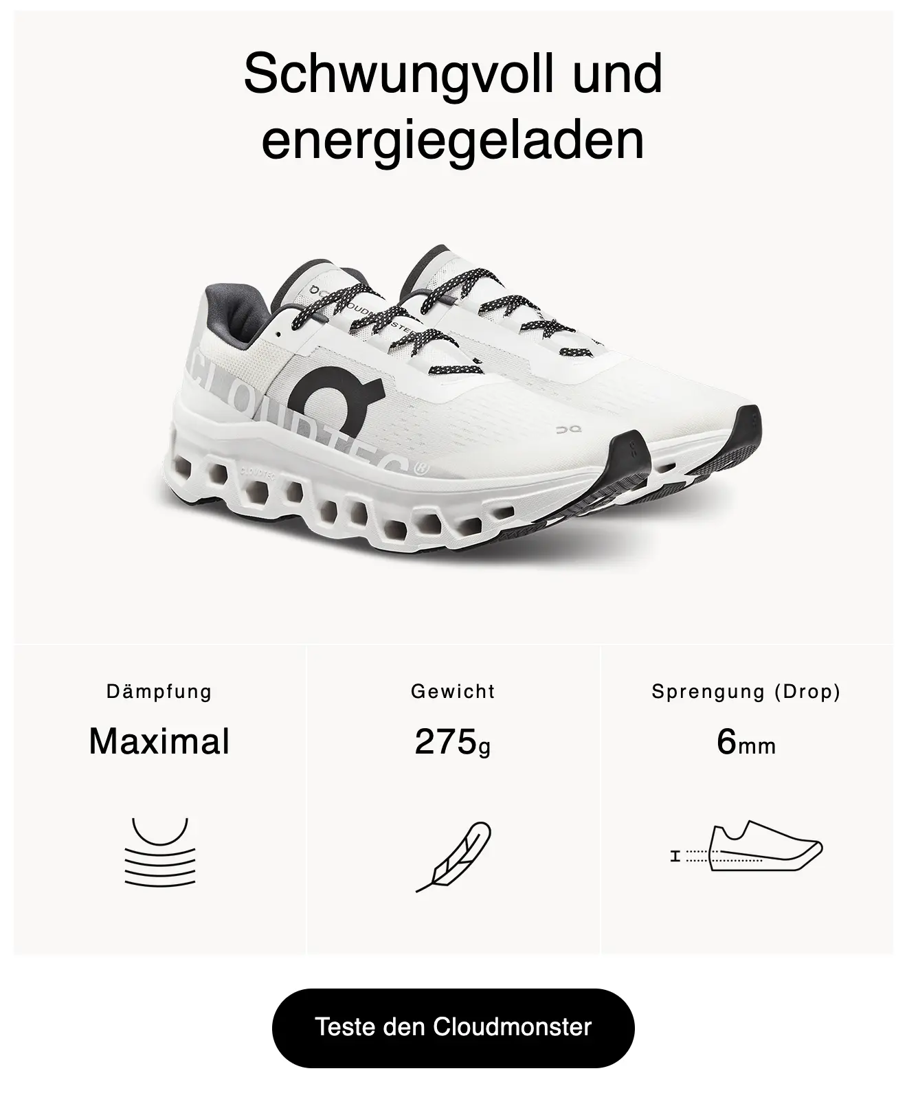 Screenshot von einem Ausschnitt einer Marketing-E-Mail. Ein weißer On Cloudmonster wird von schräg vorne gezeigt. Darüber die Überschrift: Schwungvoll und energiegeladen. Unter dem Bild steht, mit Symbolen versehen: Dämpfung maximal, Gewicht 275g, Sprengung (Drop) 6mm. Darauf folgt ein schwarzer Button mit dem Text: Teste den Cloudmonster.