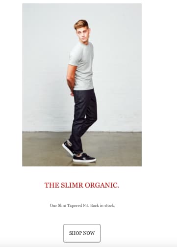 Example of a Hiut Denim Co. Sales email (for illustrative purposes). Copy says: The Slimr Organic. Our Slim Tapered Fit. Back in stock. Button: Shop Now