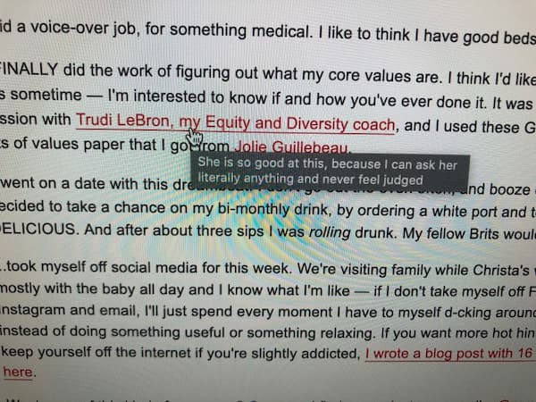 Image showing an example of a secret link. The link says "Trudi LeBron, my Equity and Diversity coach". The secret message reads "She is so good at this, because I can ask her literally anything and never feel judged"