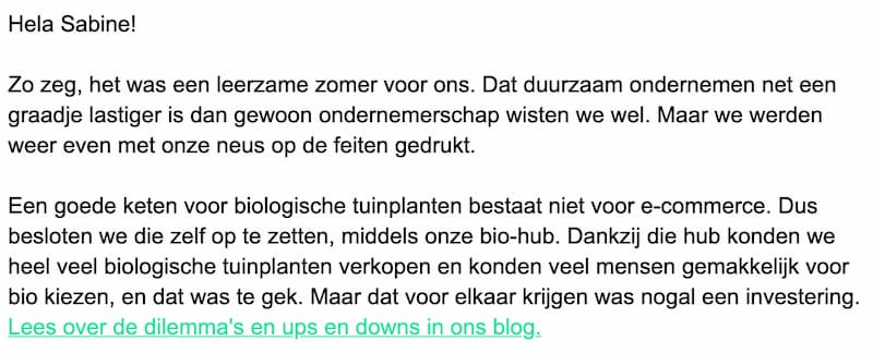 Dutch example snippet from an email newsletter sent by SPRINKLR. Translation follows after the image.