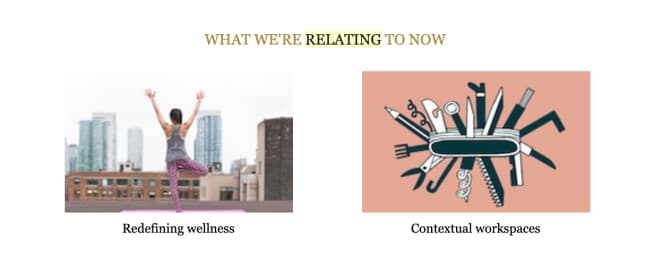 A screenshot from a Zendesk relate newsletter to illustrate the point that content can be less directly related to the product sold. Text on screenshot says: What we're relating to now: Redefining wellness, Contextual workspaces