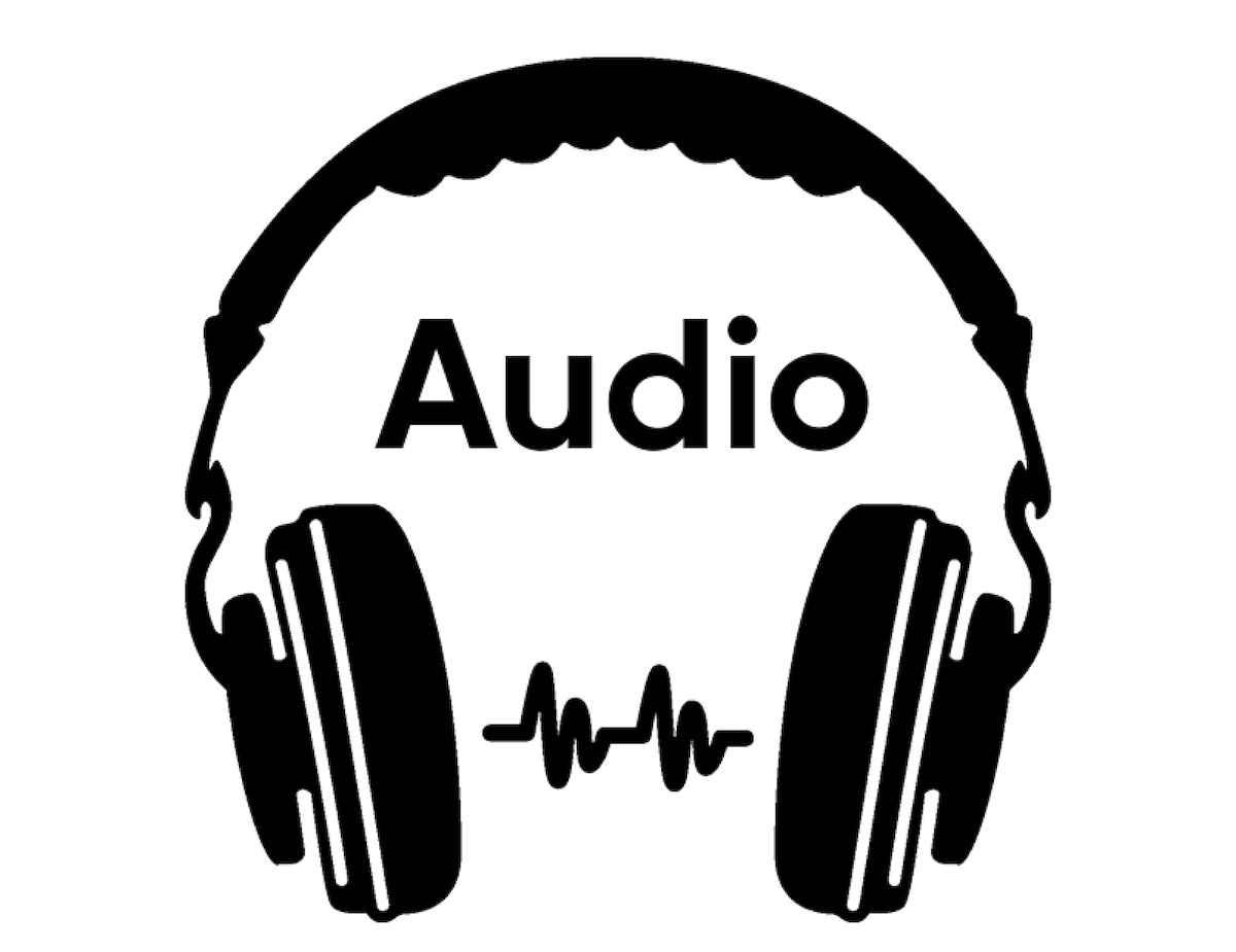 An illustration of headphones and sound waves. The word "Audio" is written under the headpiece.