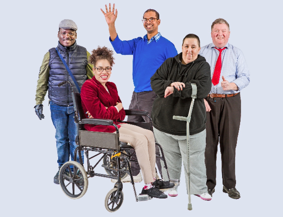 Five different people smiling at you. They all face some barriers: One person is Black, another person is Brown. One person is older. One is sitting in a wheelchair. Another person is using crutches.