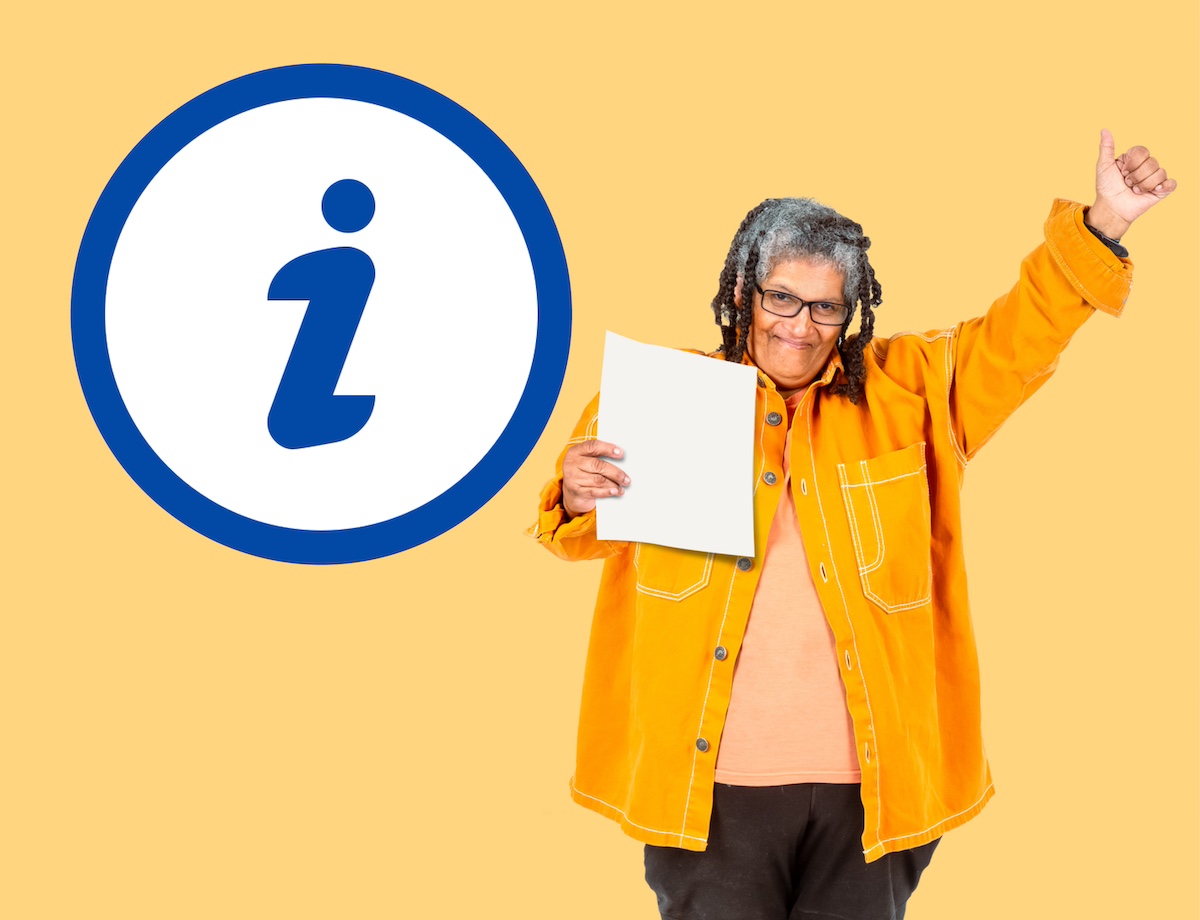 A woman holding a document gives a thumbs up. An 'info' icon next to her is to show that she is happy with the information in the document.