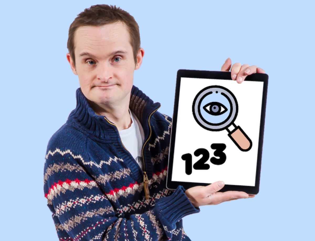 A man with a sign that shows a magnifying glass and the numbers 1-2-3.