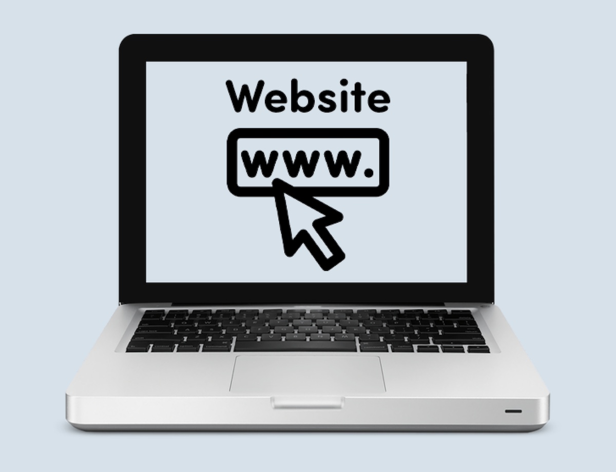 Computer with the words 'website' and 'www.' displayed. A big arrow is pointing at the www.