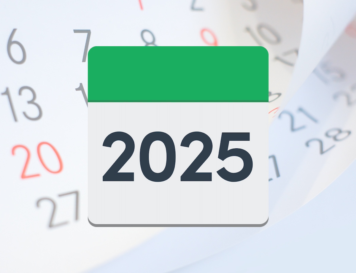 An icon of a calendar showing the year 2025. Calendar sheets are floating in the background.