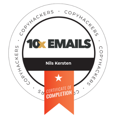Copyhackers 10x Emails course completion badge für Nils Kersten